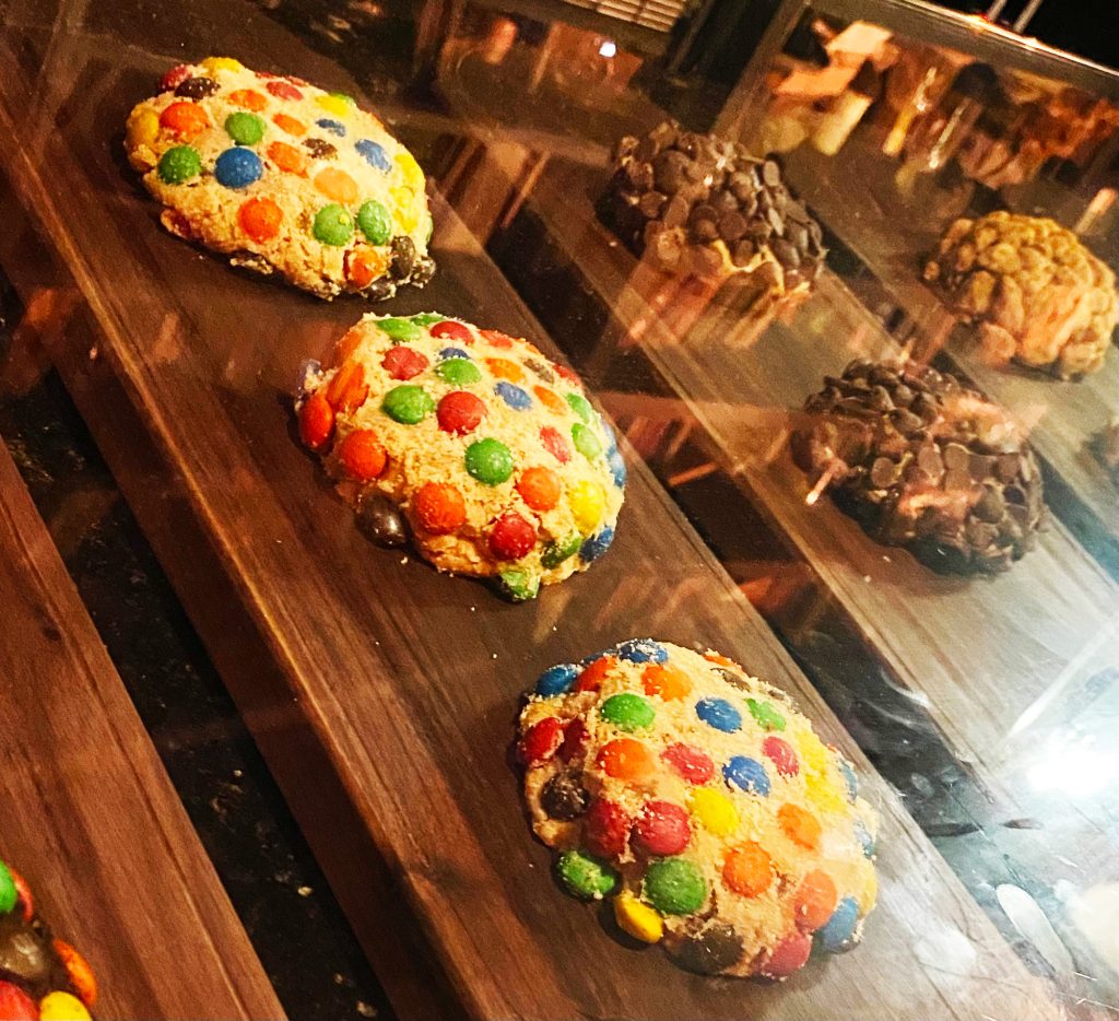 Giant chocolate chip cookies with M and Ms