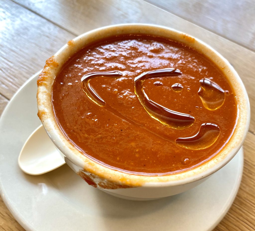 Tomato soup with drizzled EVOO at Tanaka in Portland
