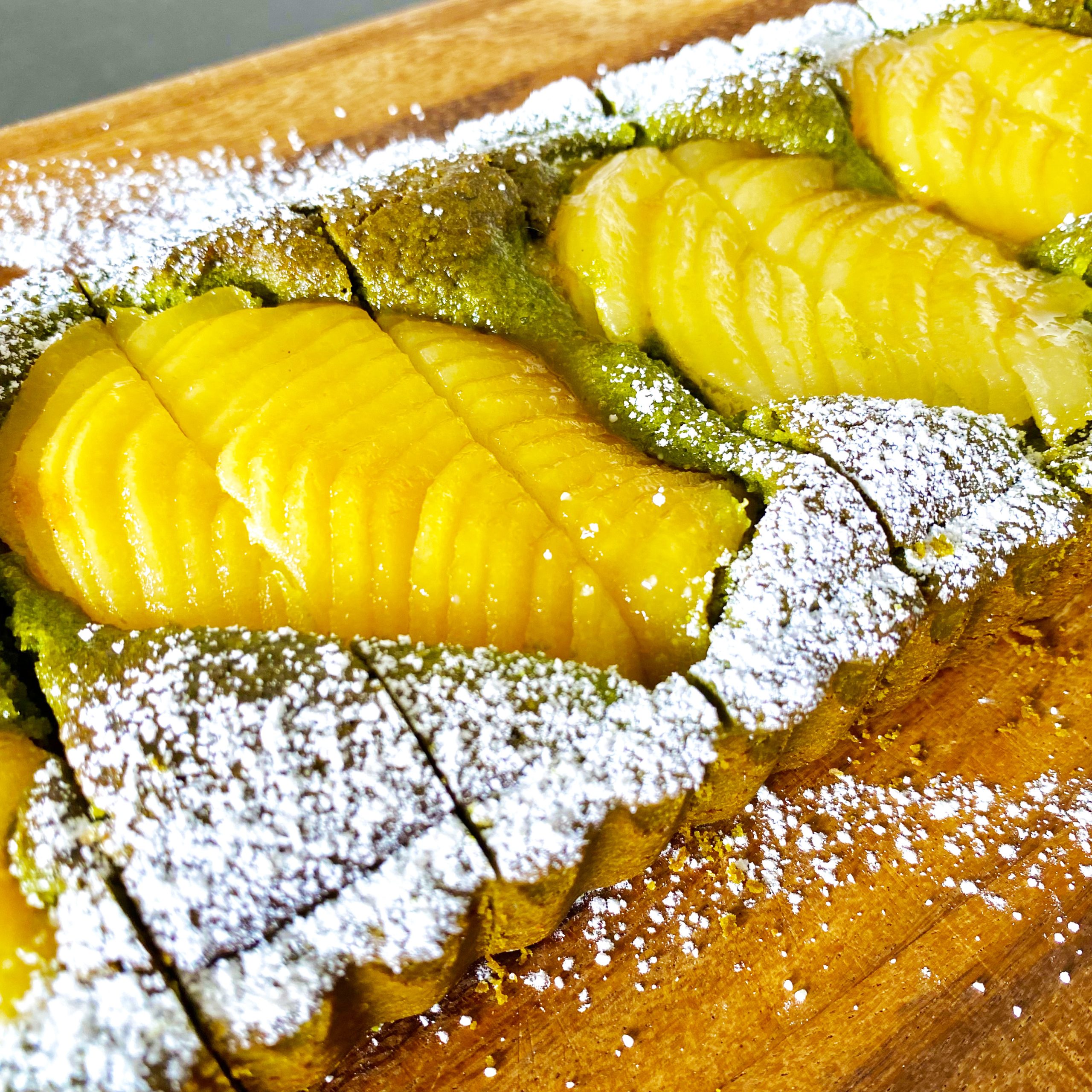 Matcha Pear Tart on a wooden board