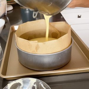 Sponge cake batter into a cake pan