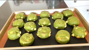 Baked Matcha scones on baking pans