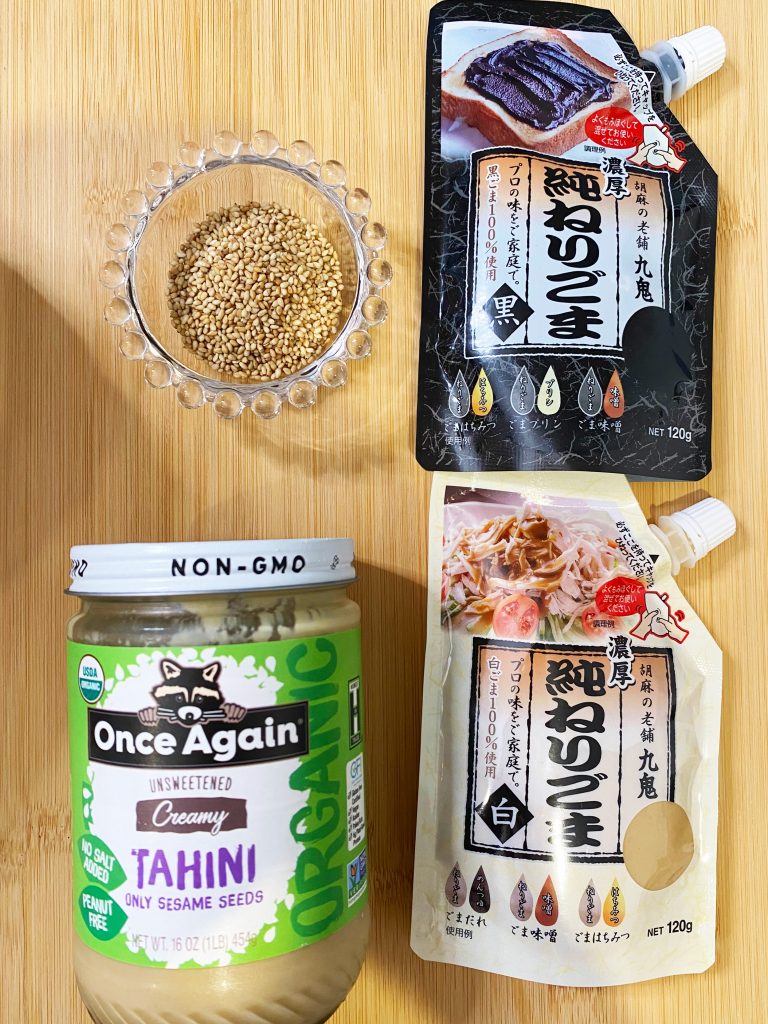 Comparison between tahini and Asian style sesame paste. The one on the top right is black sesame paste. Comparison between tahini and Asian style sesame paste. The one on the top right is black sesame paste.