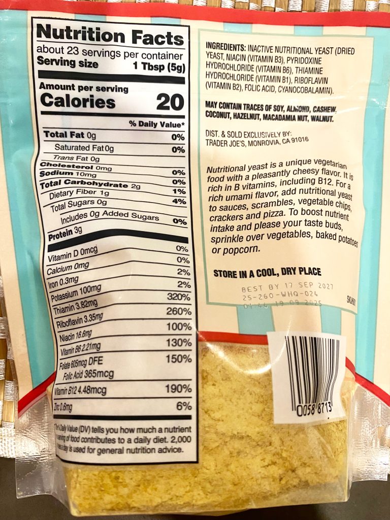 Nutritional yeast backside package from Trader Joes Nutritional yeast backside package from Trader Joes