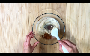 Mix coconut sugar and soymilk
